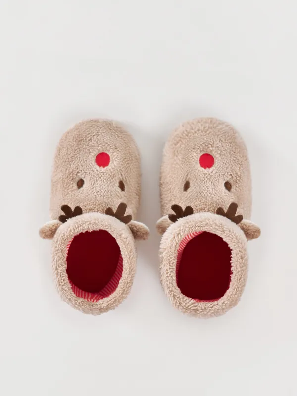 Тапочки детские, домашние, высокие, флис/полиэстер, бежевые, Reindeer, image-1