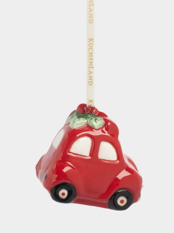 Игрушка елочная, 7 см, керамика D, красная, Машина с венком, Figure christmas, image-1
