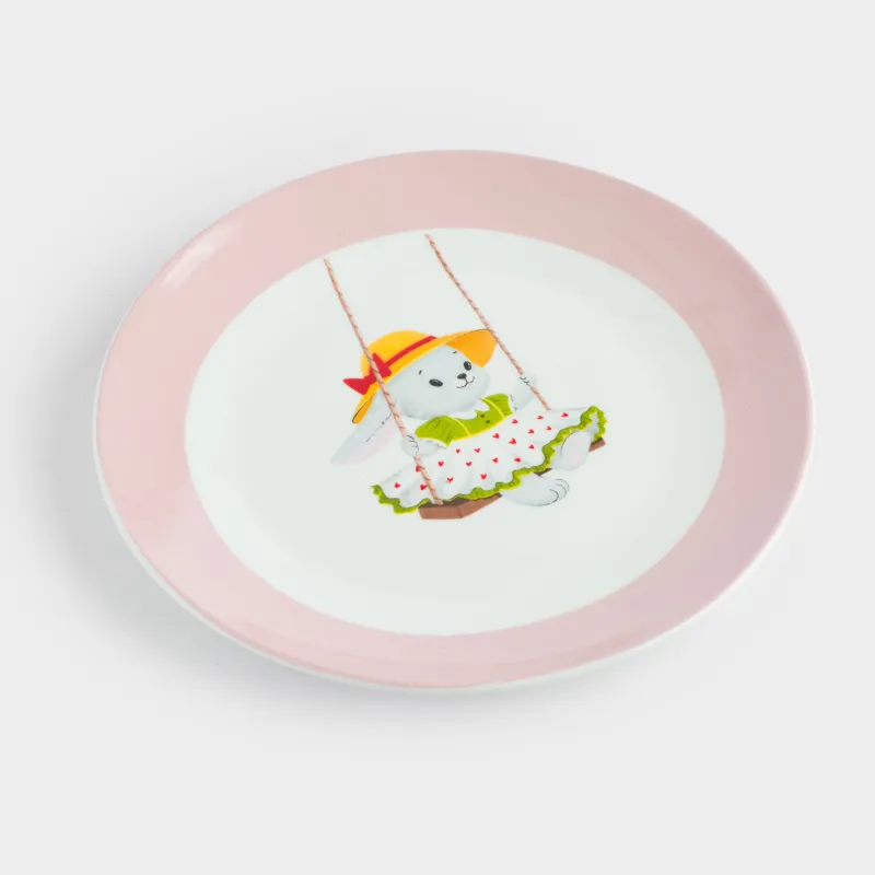 Тарелка закусочная, детская, 19 см, фарфор N, бело-розовая, Крольчиха на качелях, Ideas life, image-1