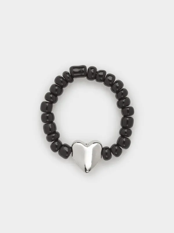 Кольцо, р. S-M, единый размер, стекло/металл, черное, Сердце, Jewelry black, image-0