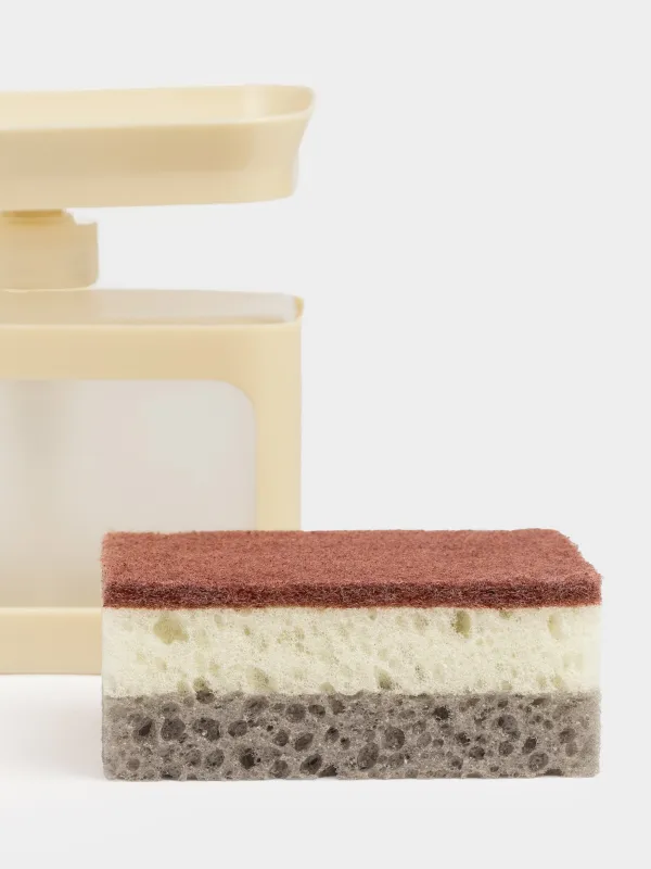 Диспенсер для моющего средства, 680 мл, с губкой, платформа, пластик, молочный, Keeping, image-3