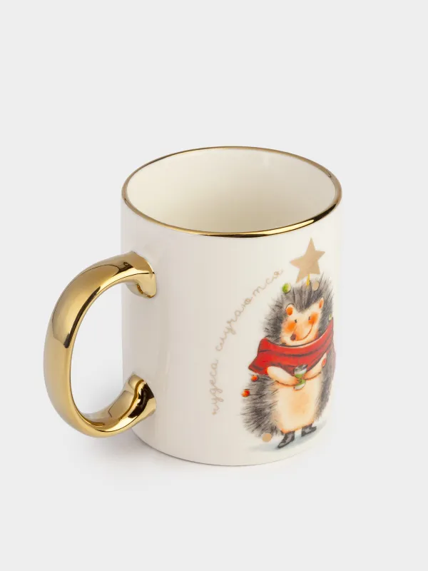Кружка, 350 мл, фарфор N, бело-золотистая, Ежик со звездой, Hedgehog christmas, image-1