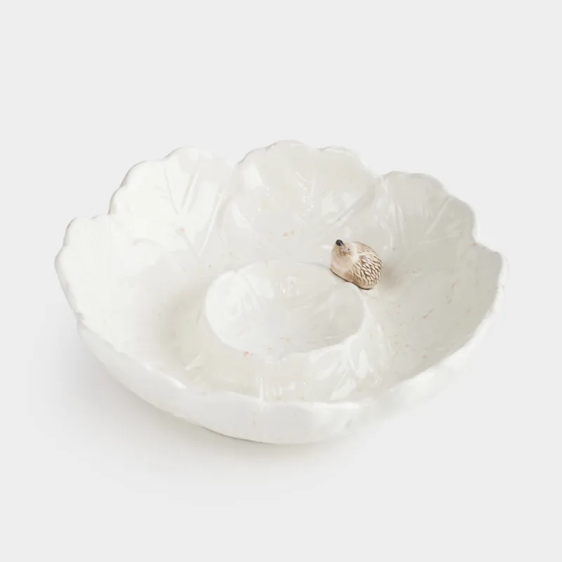 Блюдо, 24х7 см, с соусником, керамика, молочное, в крапинку, Еж на листьях, Slight frost