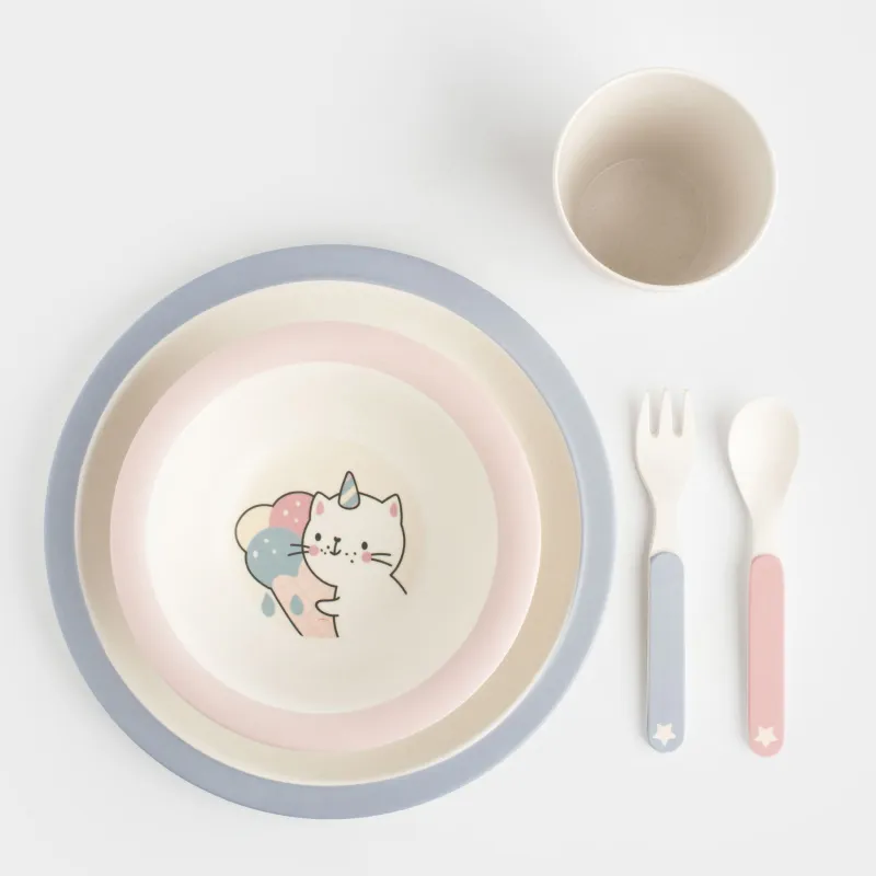 Набор посуды, детский, 1 перс, 5 пр, бамбук, розово-голубой, Кот-единорог, Cat-unicorn, image-1