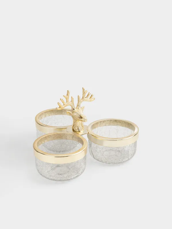 Менажница, с декором, 23х15 см, 3 отд, с ручкой, стекло/металл, золотистая, Олень, Arctic deer, image-1