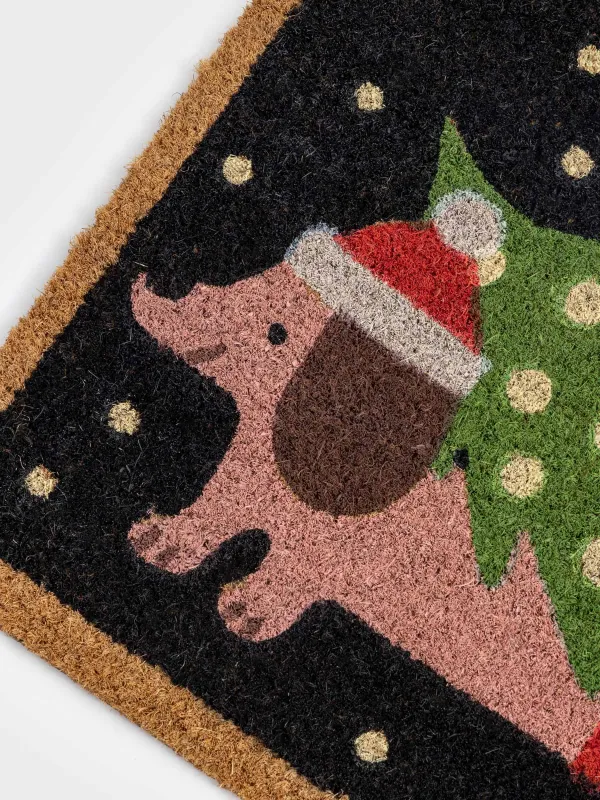 Коврик придверный, 40х60 см, кокос/ПВХ, прямоугольный, синий, Собака с елкой, Christmas dog, image-1