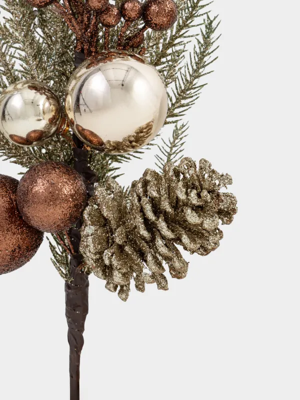 Ветка декоративная, 60 см, пластик/пенопласт, бронзовая, Хвоя и ягоды, Conifer champagne, image-1