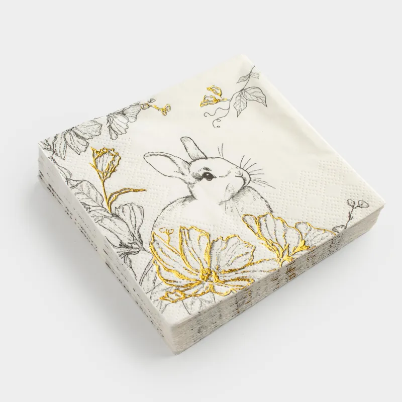 Салфетки бумажные, 21х21 см, 20 шт, квадратные, белые, Кролик и цветы, Peony gold, image-1