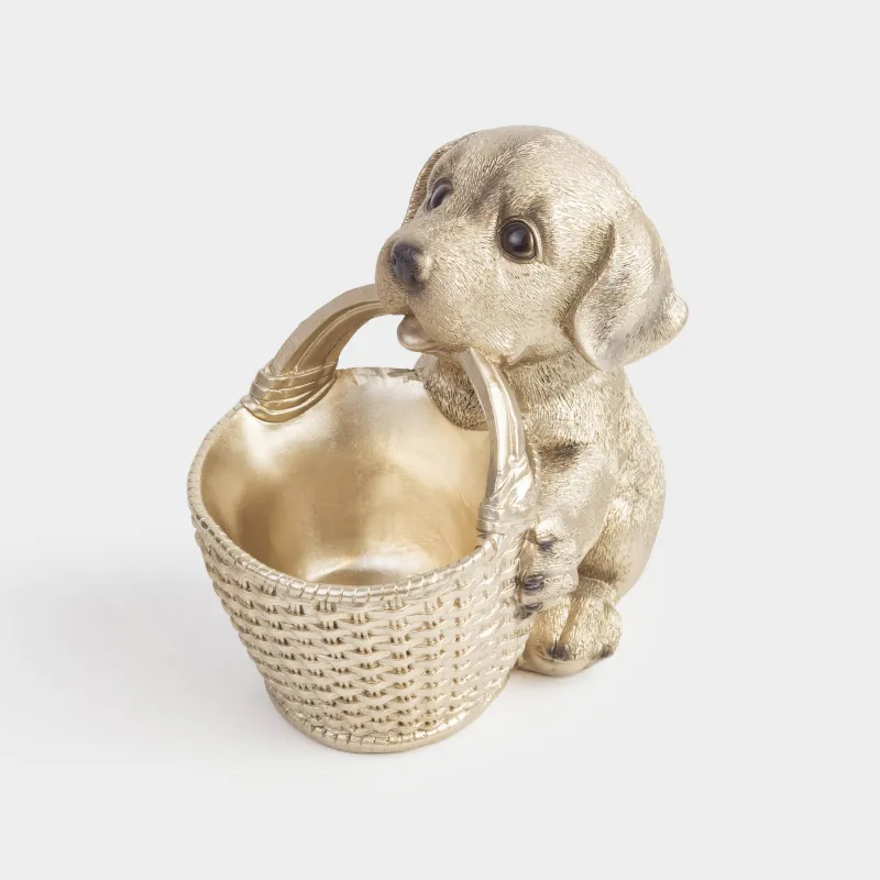 Конфетница, 18х12 см, с ручкой, полирезин, золотистая, Лабрадор с корзиной, Dog, image-2