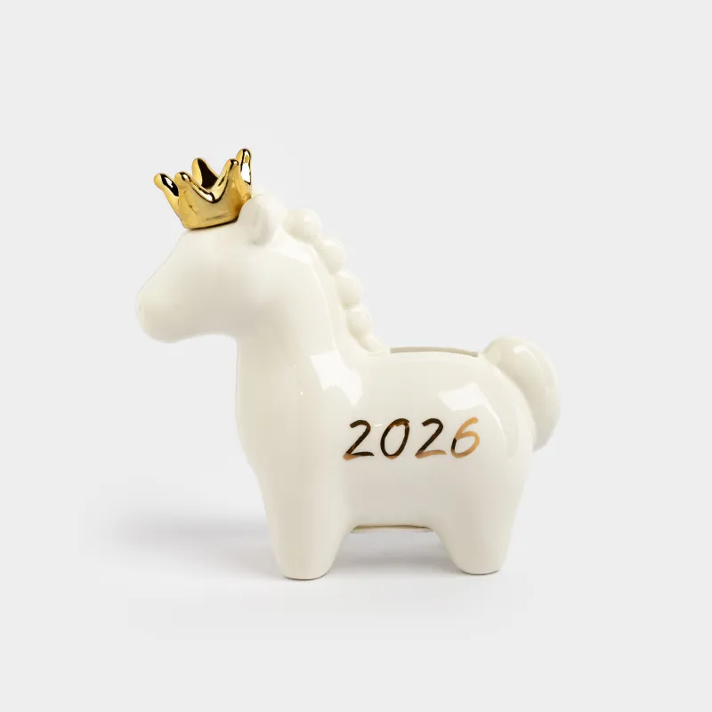 Копилка, 16х16 см, фарфор P, молочно-золотистая, Лошадка c короной, Horse milky