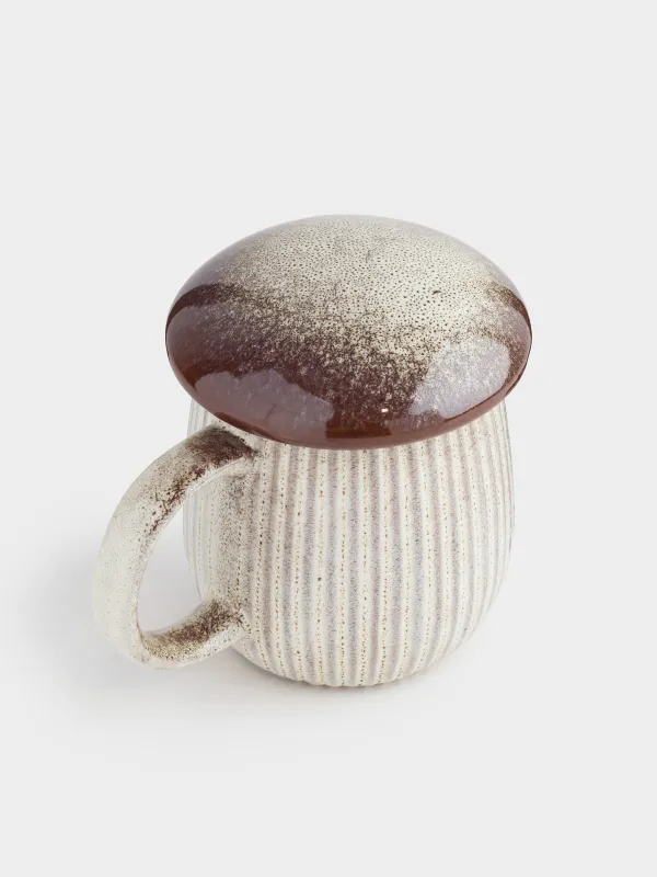 Кружка, 430 мл, с крышкой, фарфор P, молочно-коричневая, Гриб, Colors autumn, image-1