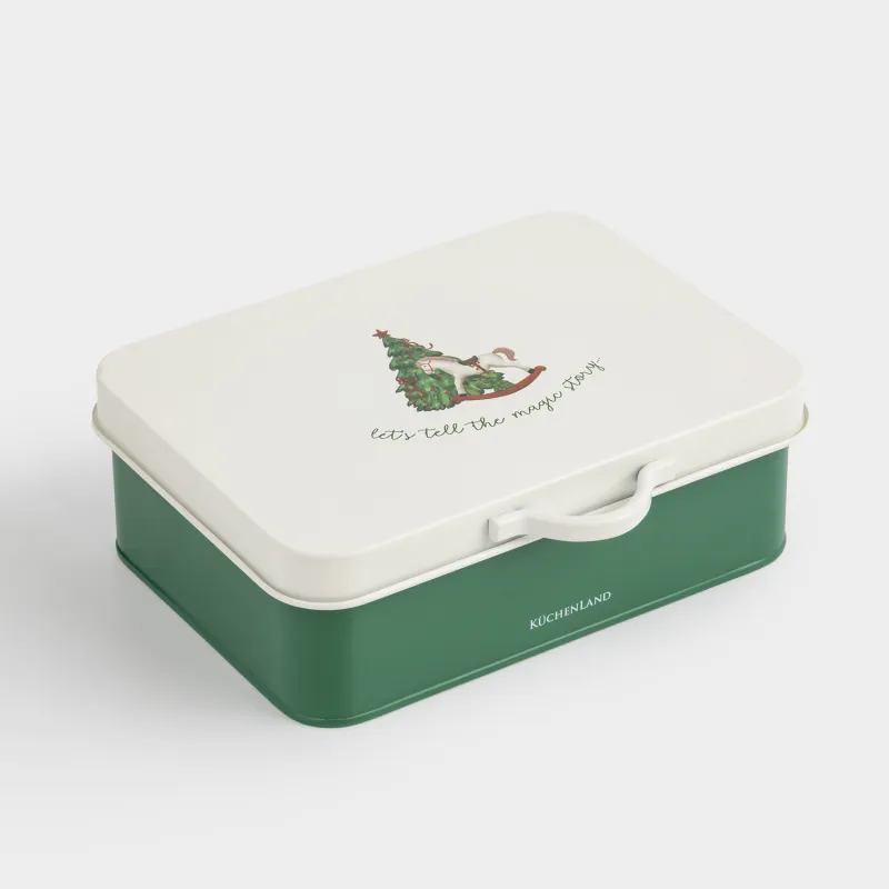 Емкость для хранения, 22х15 см, 2 л, металл, прямоугольная, Елка с лошадкой, Christmas green