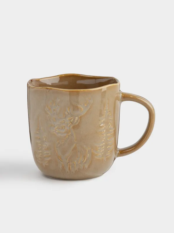 Кружка, 380 мл, керамика, коричнево-бежевая, Олень в лесу, Snowy forest, image-0