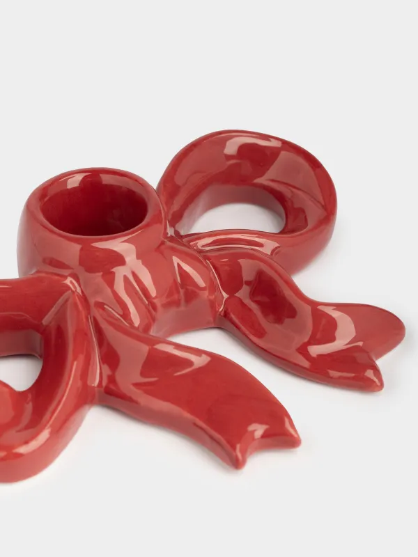 Подсвечник, 13 см, для тонкой свечи, керамика, бордовый, Бант, Christmas traditions, image-3