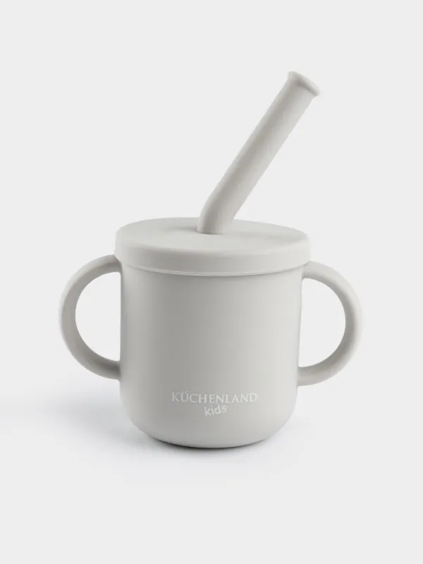 Поильник, детский, 150 мл, с ручками, с трубочкой, силикон, серый, Kiddy, image-0