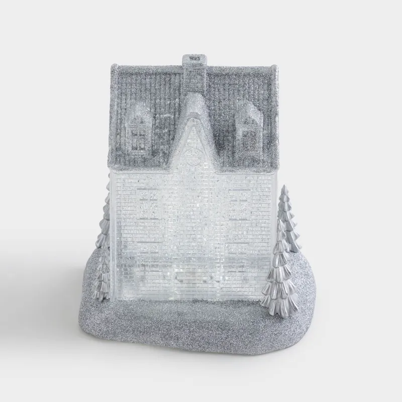 Снежный фонарь, 24 см, с подсветкой, пластик, серебристый, Сияющий дом с елками, Silver style