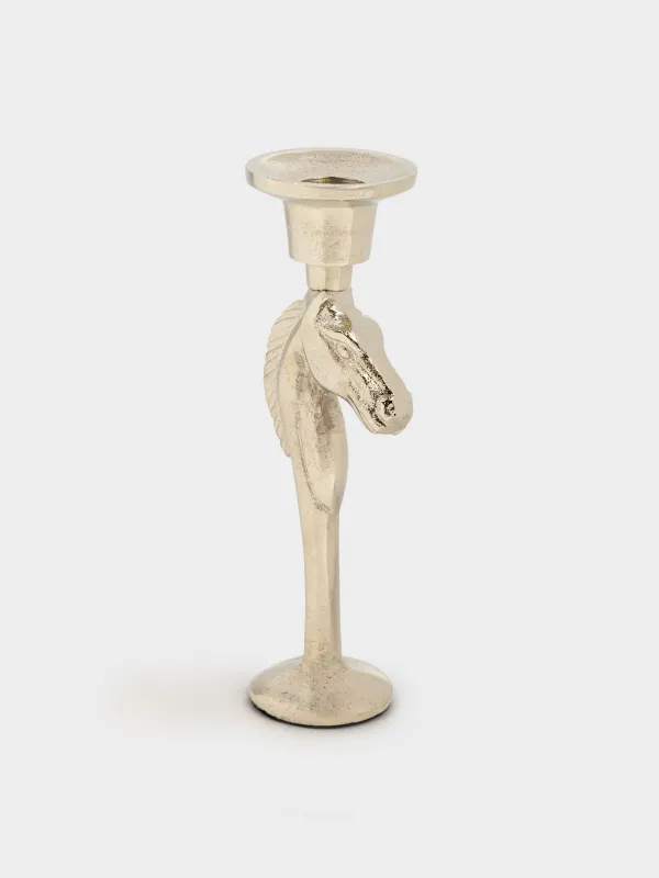 Подсвечник, 19 см, для тонкой свечи, на ножке, металл, серебристый, Конь, Horse silver, image-1