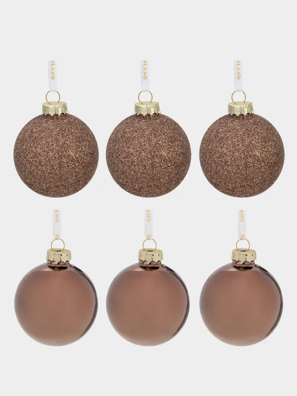 Набор елочных игрушек, 6 см, 6 шт, стекло, с блестками, бронзовый, Шар, Ball sparkle, image-0