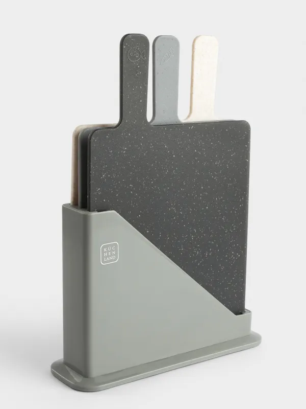 Доска разделочная, 32х20 см, 3 шт, в подставке, пластик, серая/бежевая/черная, Speck, image-0