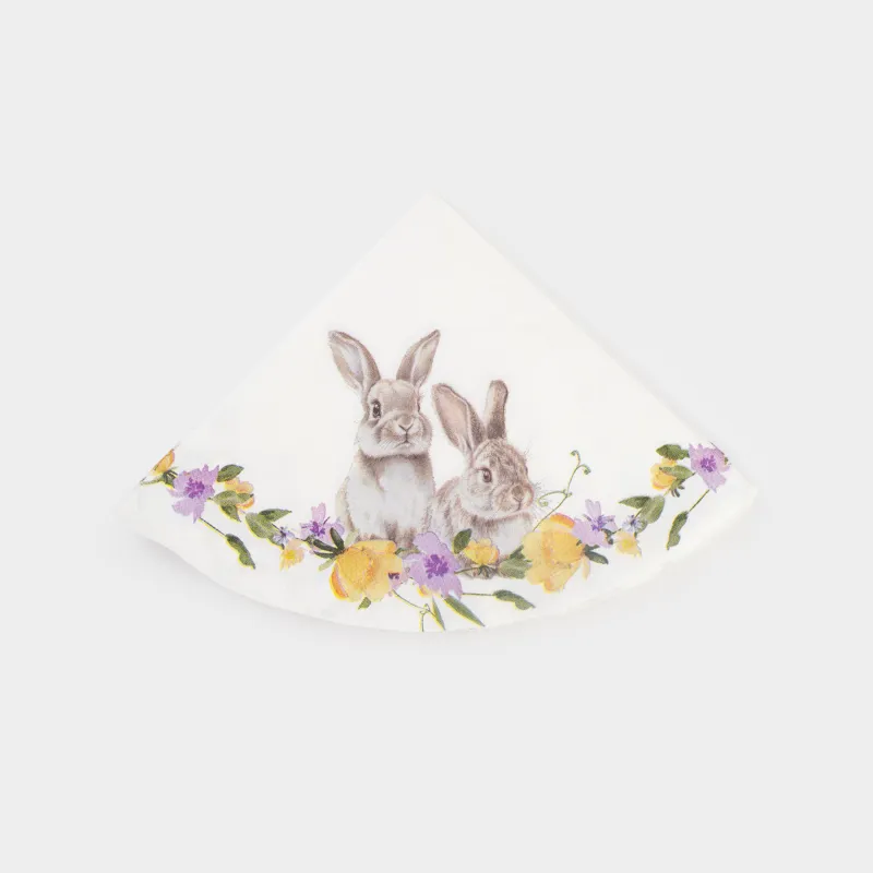 Салфетки бумажные, 33 см, 20 шт, круглые, белые, Кролики в цветах, Flora Easter