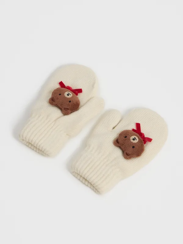 Варежки детские, единый размер, в рубчик, акрил/полиэстер, молочные, Мишка, Warm kids, image-1