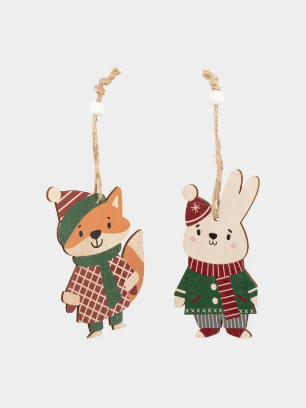 Набор елочных игрушек, 11 см, 2 шт, дерево/полиэстер, Лиса и заяц, Figure wood, image-0