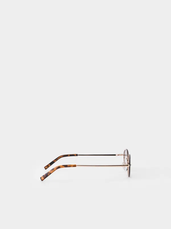 Очки солнцезащитные, металл/акрил, безободковые, овальные, золотисто-серые, Eyewear, image-2