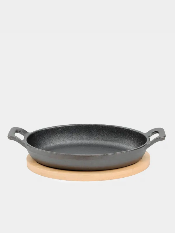 Сковорода, 18х12 см, на подставке, с ручками, чугун/бамбук, овальная, Authentic, image-0