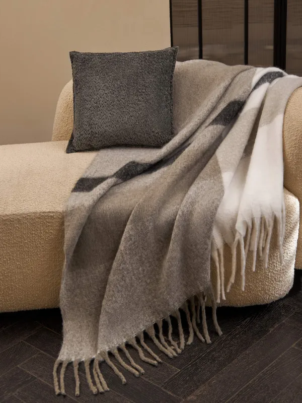 Плед, 150х170 см, с бахромой, акрил, серо-бежевый, Клетка, Hazel, image-4