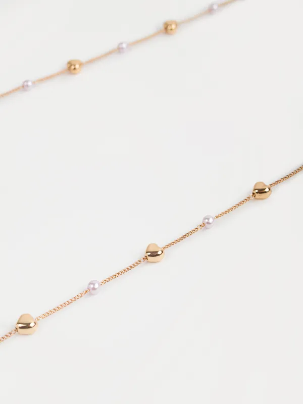 Цепочка для очков, 76 см, металл/пластик, бело-золотистая, Жемчуг и сердечки, Baroque, image-1