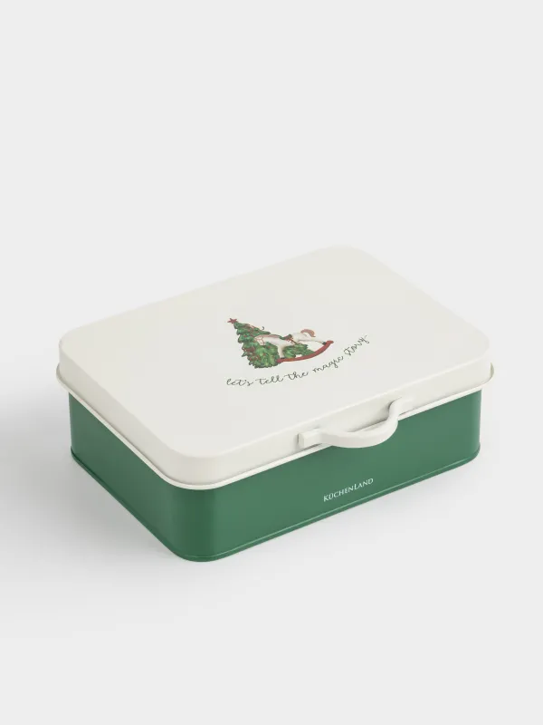 Емкость для хранения, 22х15 см, 2 л, металл, прямоугольная, Елка с лошадкой, Christmas green, image-0