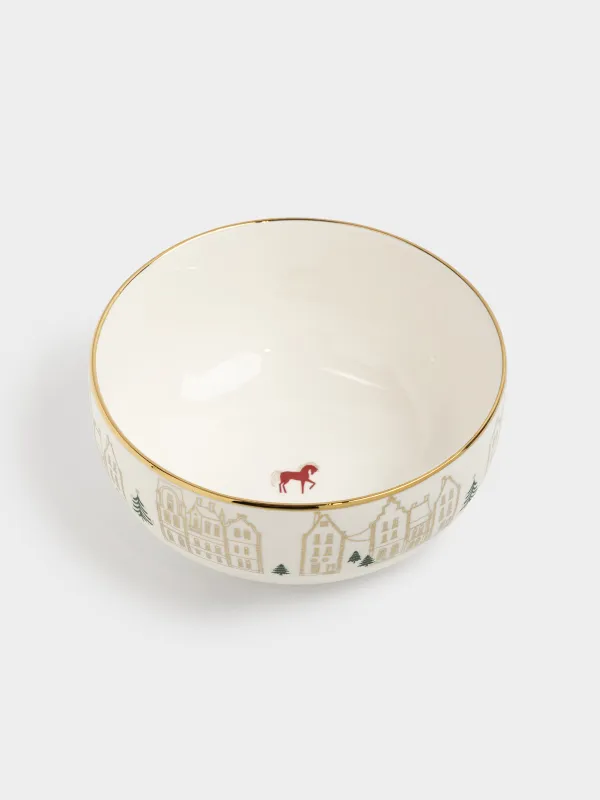 Пиала, 14x7 см, фарфор N, молочно-золотистая, Домики и лошадь, Snow sparks, image-2
