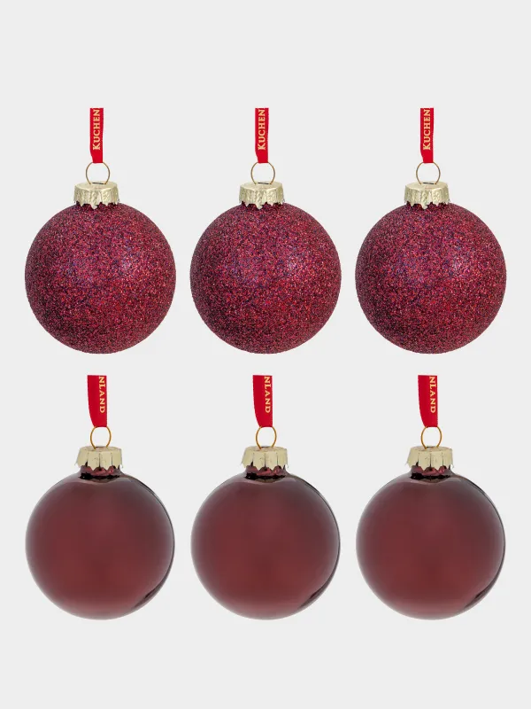 Набор елочных игрушек, 6 см, 6 шт, стекло, с блестками, бордовый, Шар, Ball sparkle, image-0