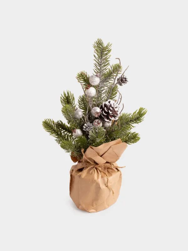 Композиция новогодняя, 30 см, в крафте, пластик/пенопласт, Белые ягоды и шишки, White berry, image-1