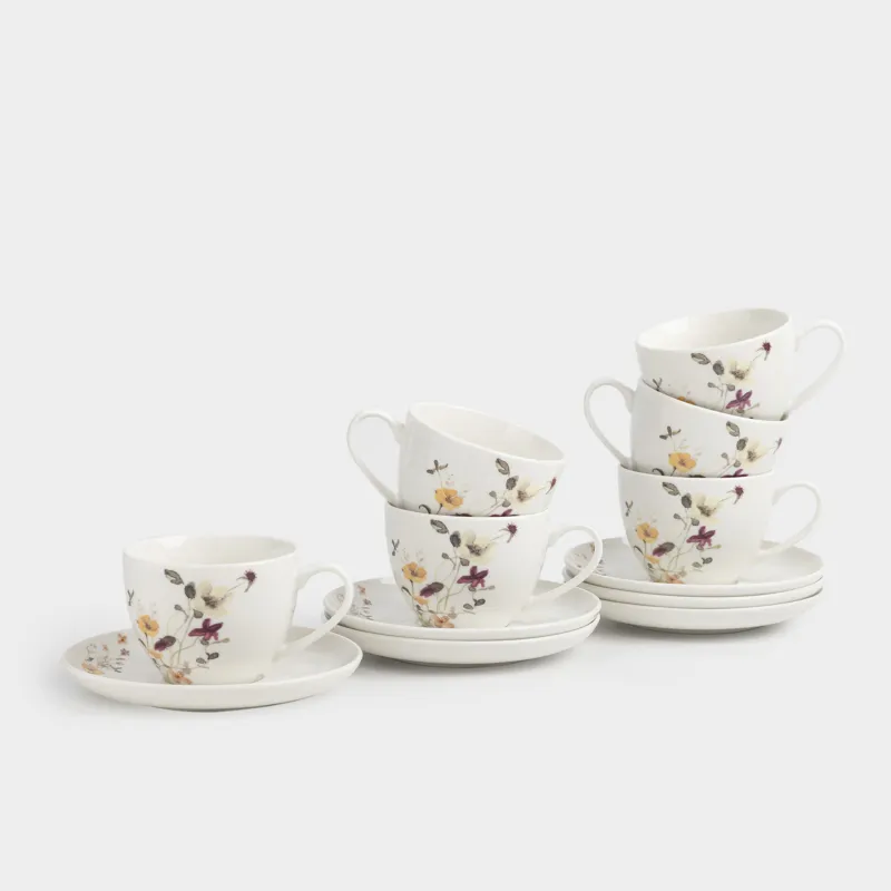 Пара чайная, 6 перс, 12 пр, 220 мл, фарфор N, белая, Желтые цветы, Floweri