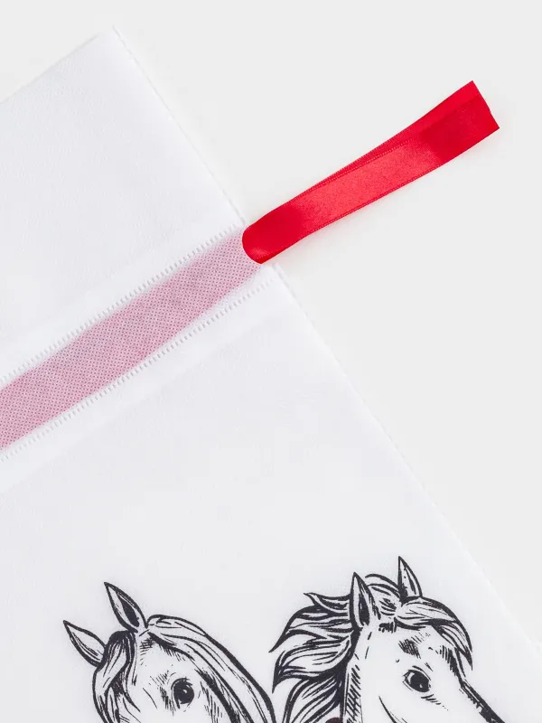 Мешок подарочный, 40х56 см, с завязками, полипропилен, белый, Лошади в шарфах, Horse trio, image-2