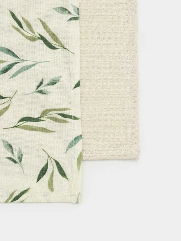 Полотенце кухонное, 40х60 см, 2 шт, хлопок, молочное, Зеленые ветви, Meadow, image-1