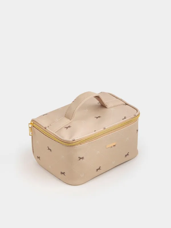 Косметичка, 25х13 см, с ручкой, полиуретан, бежевая, Лошади, Beauty horse, image-1
