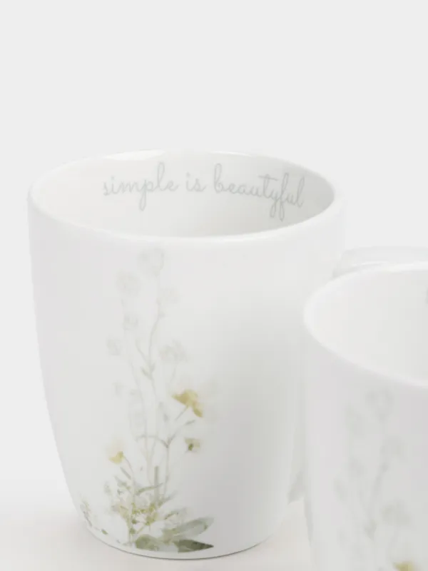 Кружка, 350 мл, 2 шт, фарфор P, белая, Цветы и листья, Rareness flower, image-2