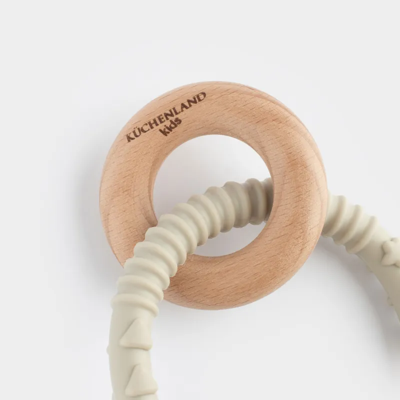 Игрушка-прорезыватель, 2 подвески, на кольце, силикон/дерево, серая, Рыбка и кольцо, Kiddy, image-5