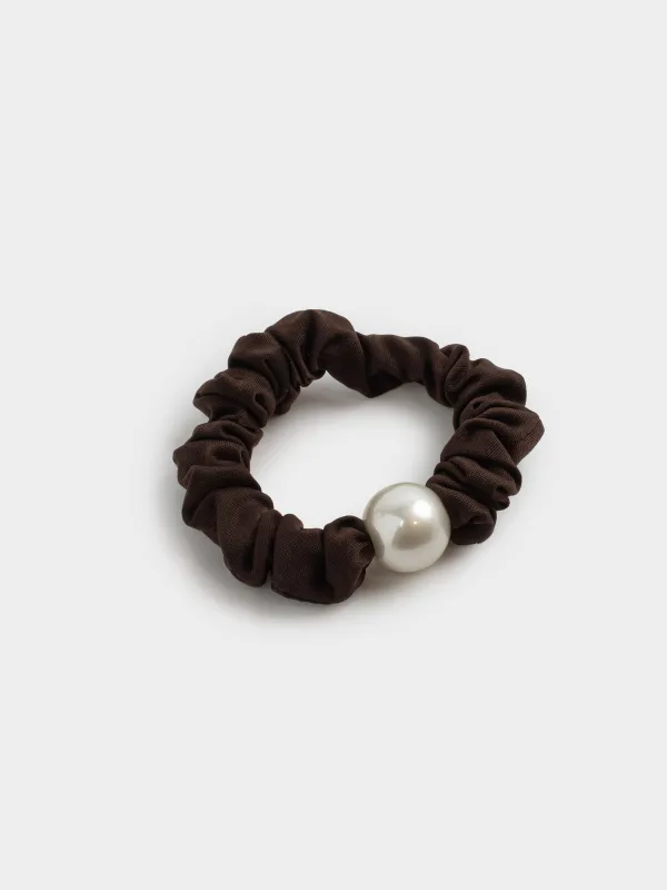 Резинка для волос, 6 см, сатин/пластик, коричневая, Бусина, Silk, image-1