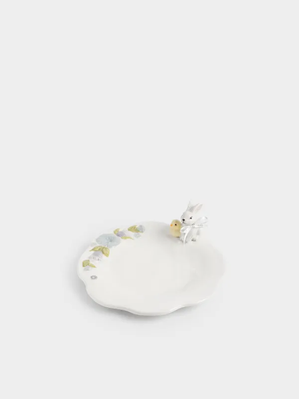 Блюдо, 25 см, керамика D, молочное, Кролик и цыпленок с цветами, Easter, image-0