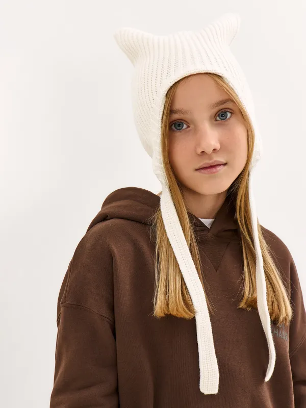 Шапка детская, единый размер, с завязками, вискоза/полиэстер/нейлон, экрю, Ушки, Knitting, image-1