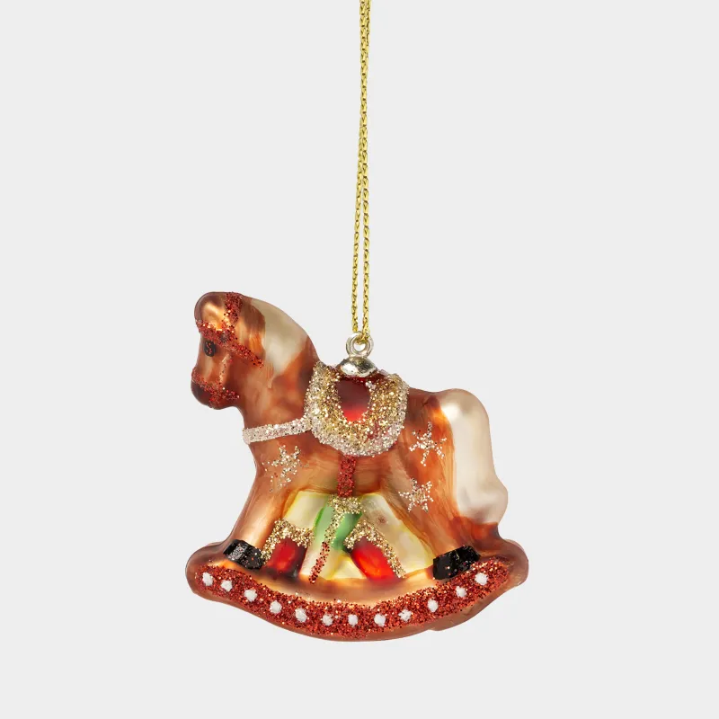 Игрушка елочная, 4 см, стекло, с блестками, коричневая, Лошадка-качалка, Figure christmas