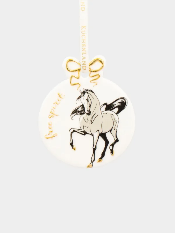Игрушка елочная, 6 см, керамика, золотистая, Лошади, Flat ball, image-0