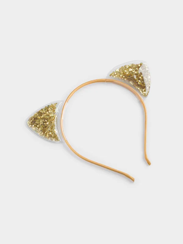 Ободок карнавальный, 16х20 см, детский, полиэстер/ПВХ, шампань, Ушки с блестками, Cat, image-1