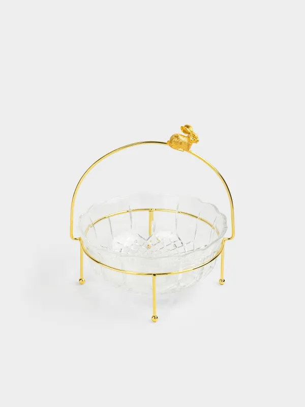Ваза для фруктов, 23х9 см, на подставке, с ручкой, стекло/металл, золотистая, Кролик, Rabbit gold, image-2