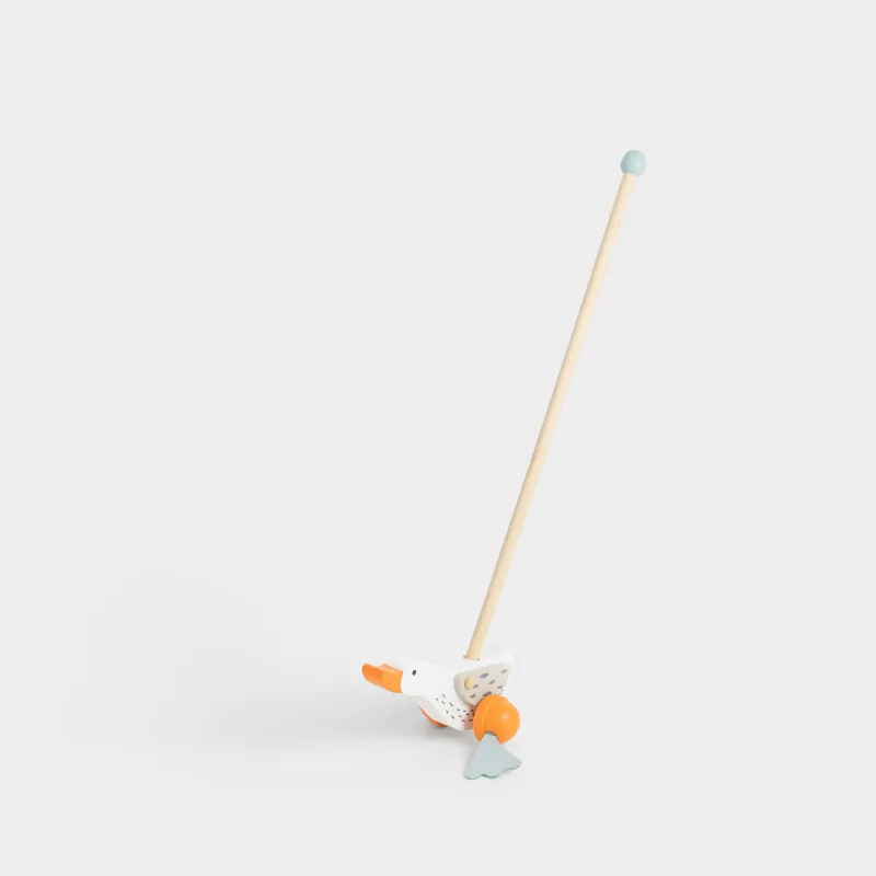 Игрушка, 17х10 см, с ручкой, дерево, бело-оранжевая, Бегающий гусь, Goose
