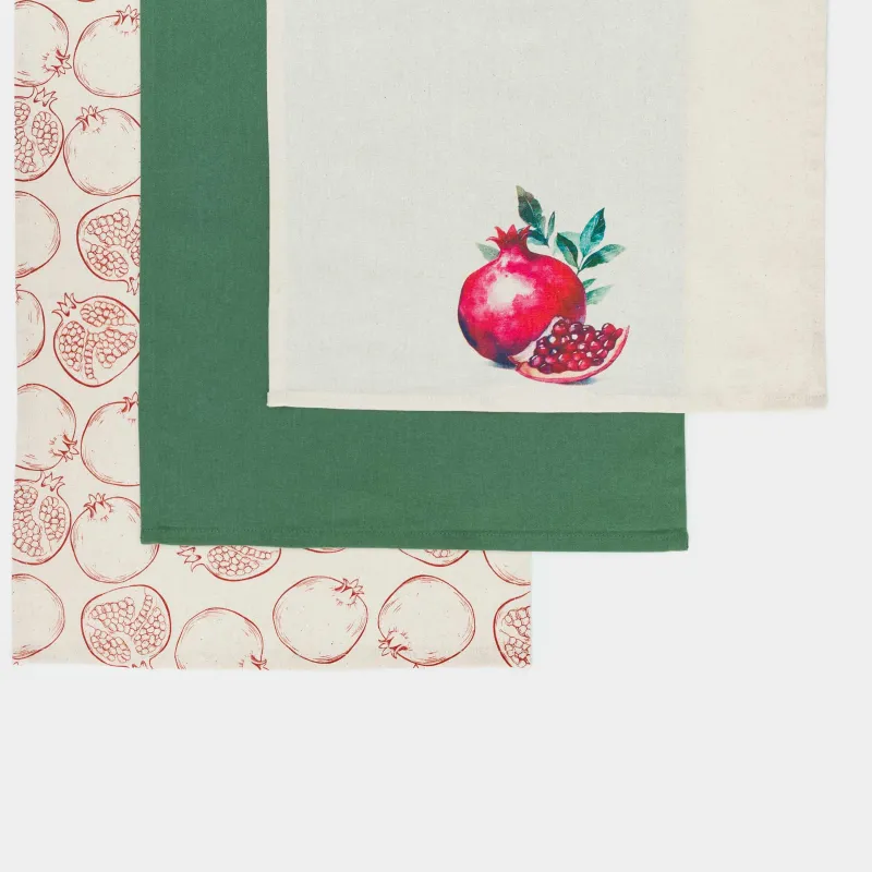 Полотенце кухонное, 40x60 см, 3 шт, хлопок, бежевое/зеленое, Гранаты, Pomegranate, image-1