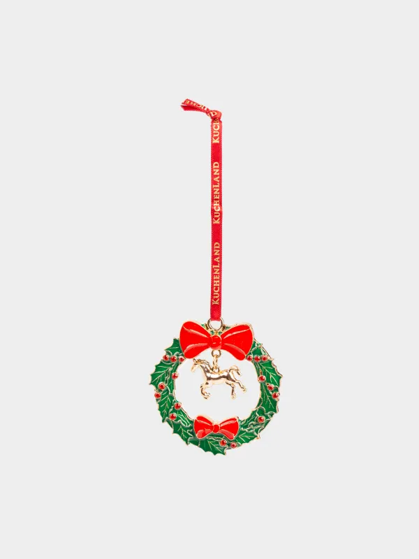 Игрушка елочная, 6 см, металл/стразы, зелено-красная, Венок и конь, Figure christmas, image-1